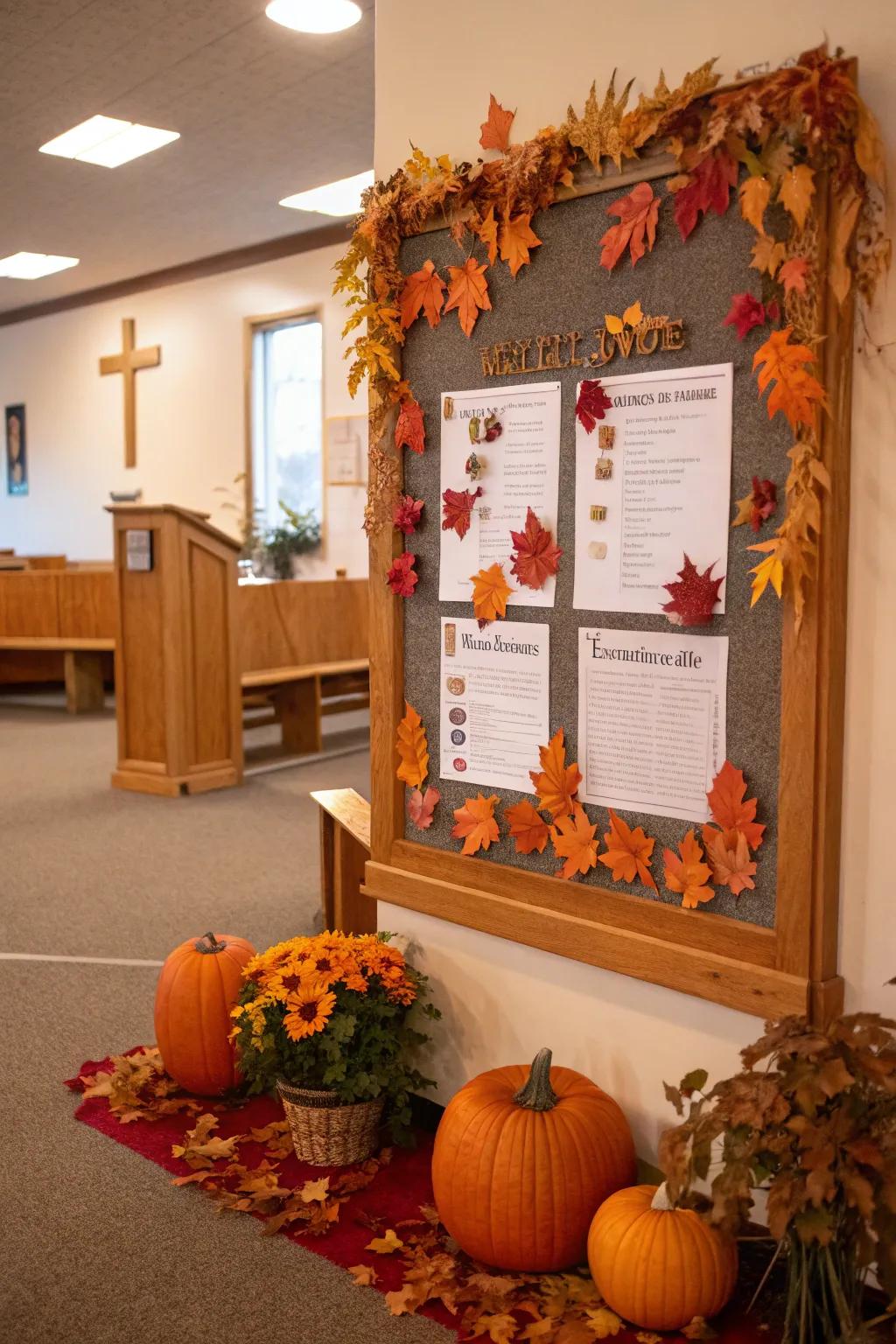 An autumn-themed church bulletin board adorned with colorful leaves and charming pumpkins.