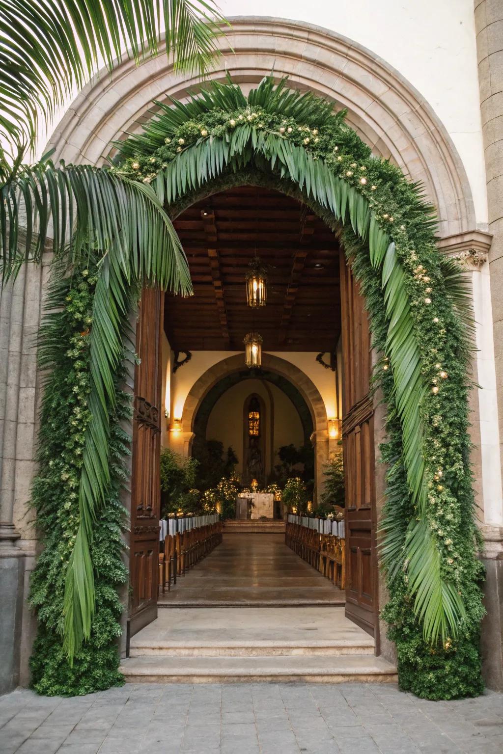 Spectacular palm frond archways inviting worshippers at the church entrance.