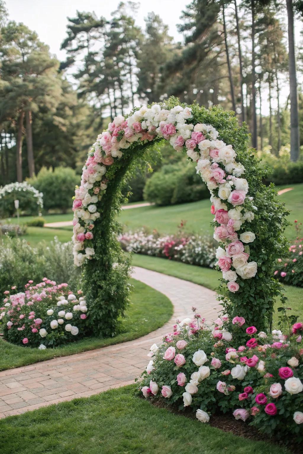 A romantic floral circle arch with pink and white blooms set in a garden.