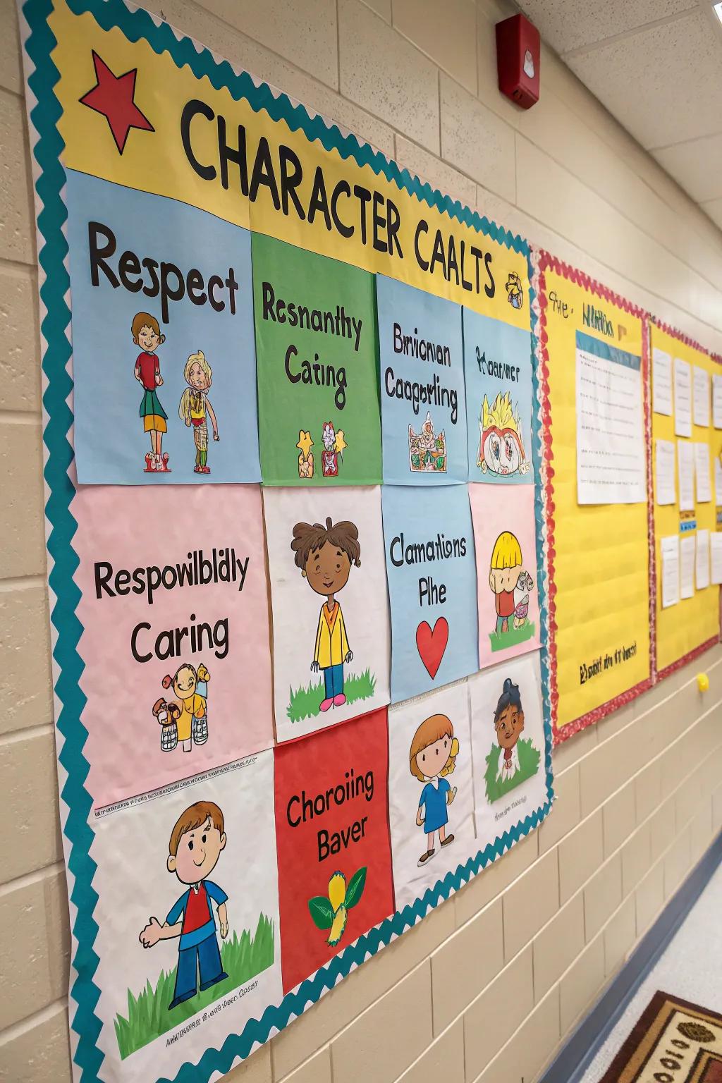 Character qualities like respect and caring featured on a board.