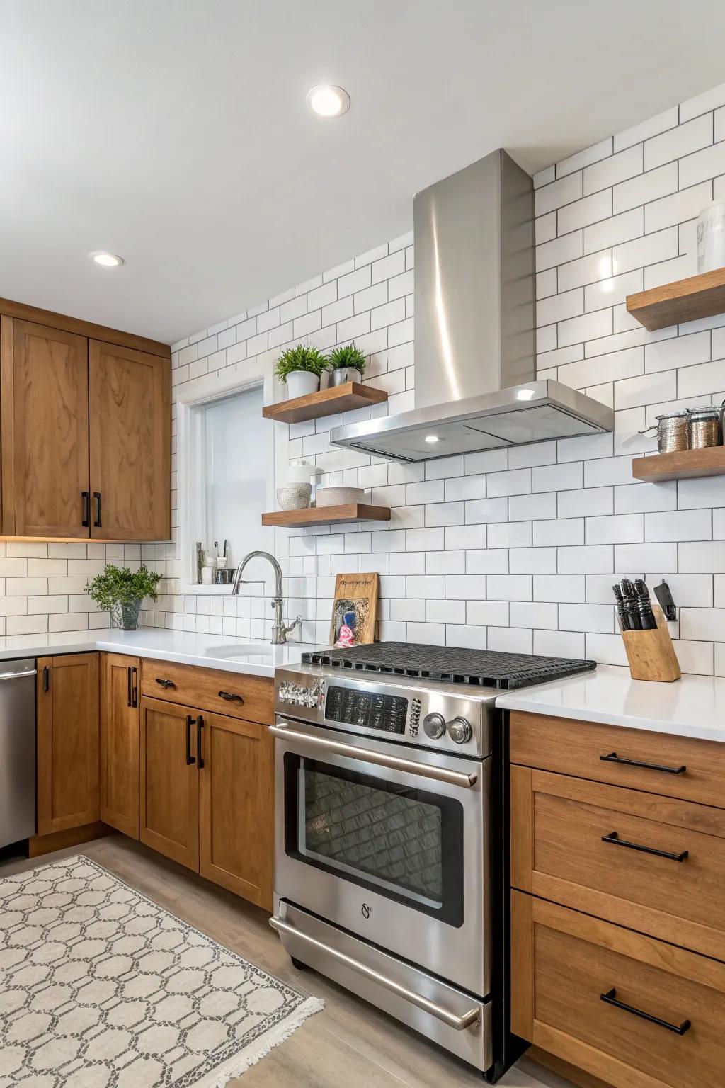 A classic kitchen enhanced with a timeless white block backsplash.