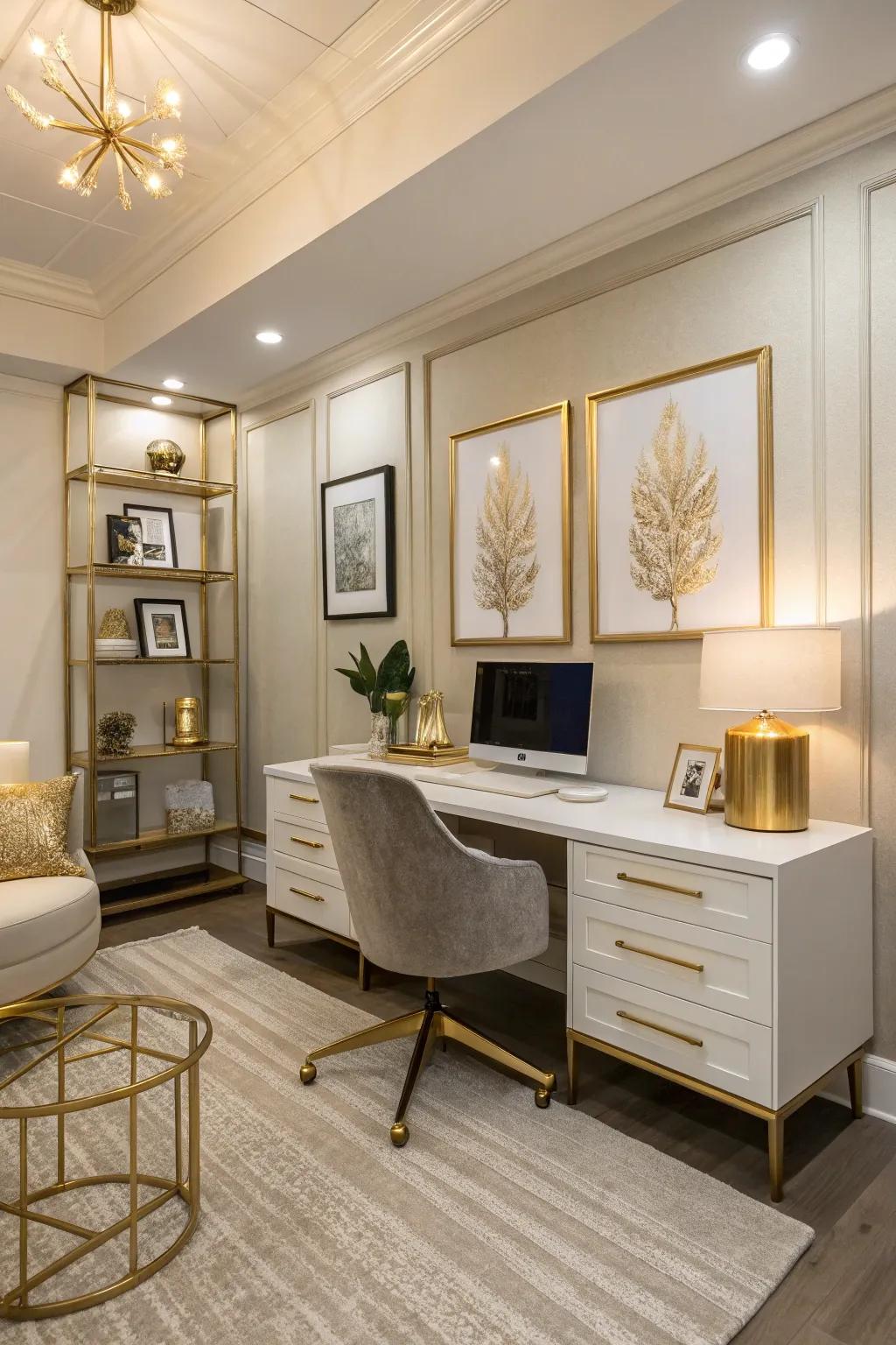 A neutral color palette enriched with gold accents enhances the elegance of an executive office.