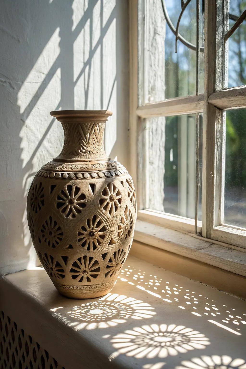 An earthenware pot with complex pattern plans making hypnotizing shadow designs.
