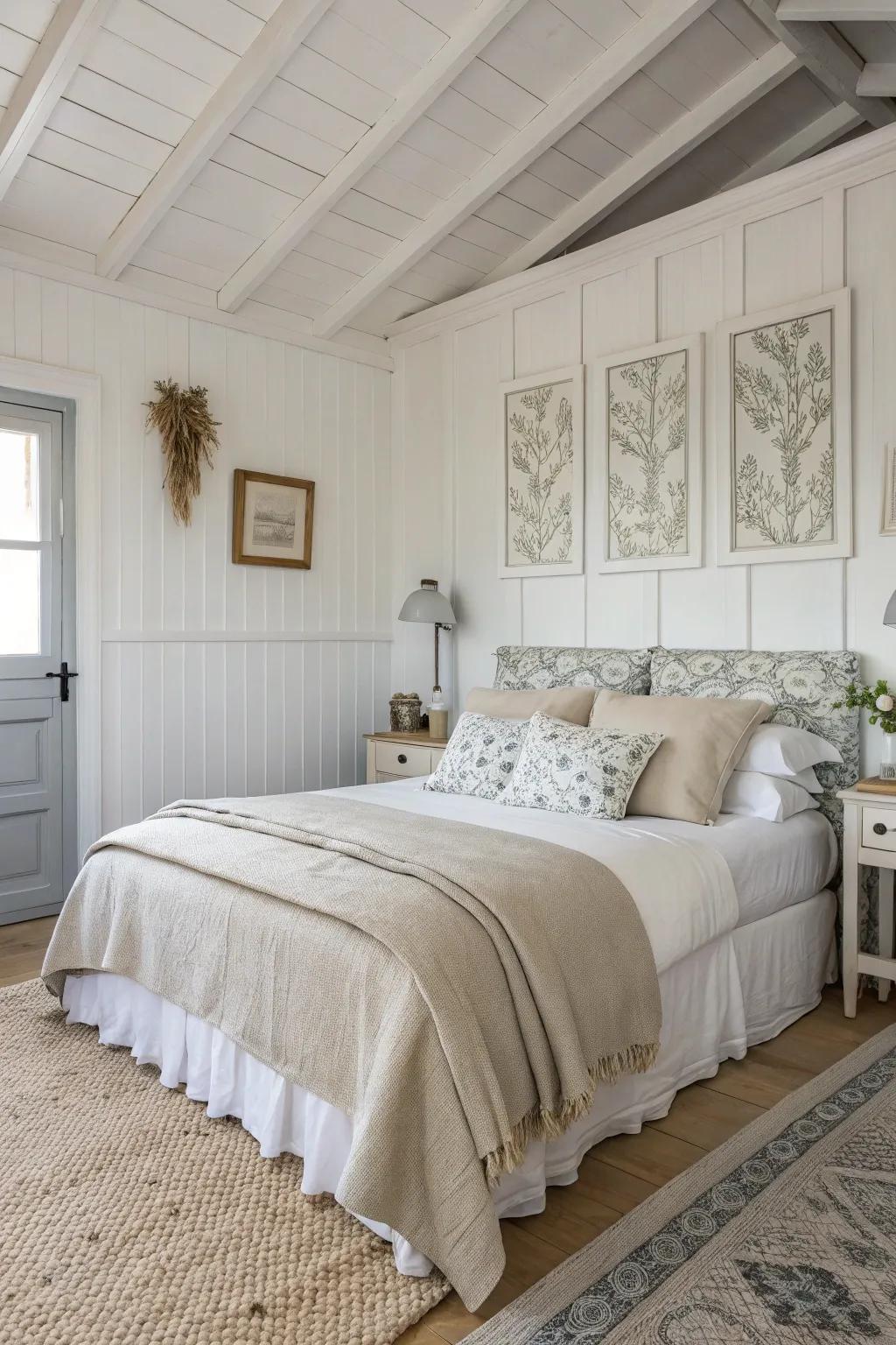 A bedroom showcasing a calm color story for a peaceful ambiance.