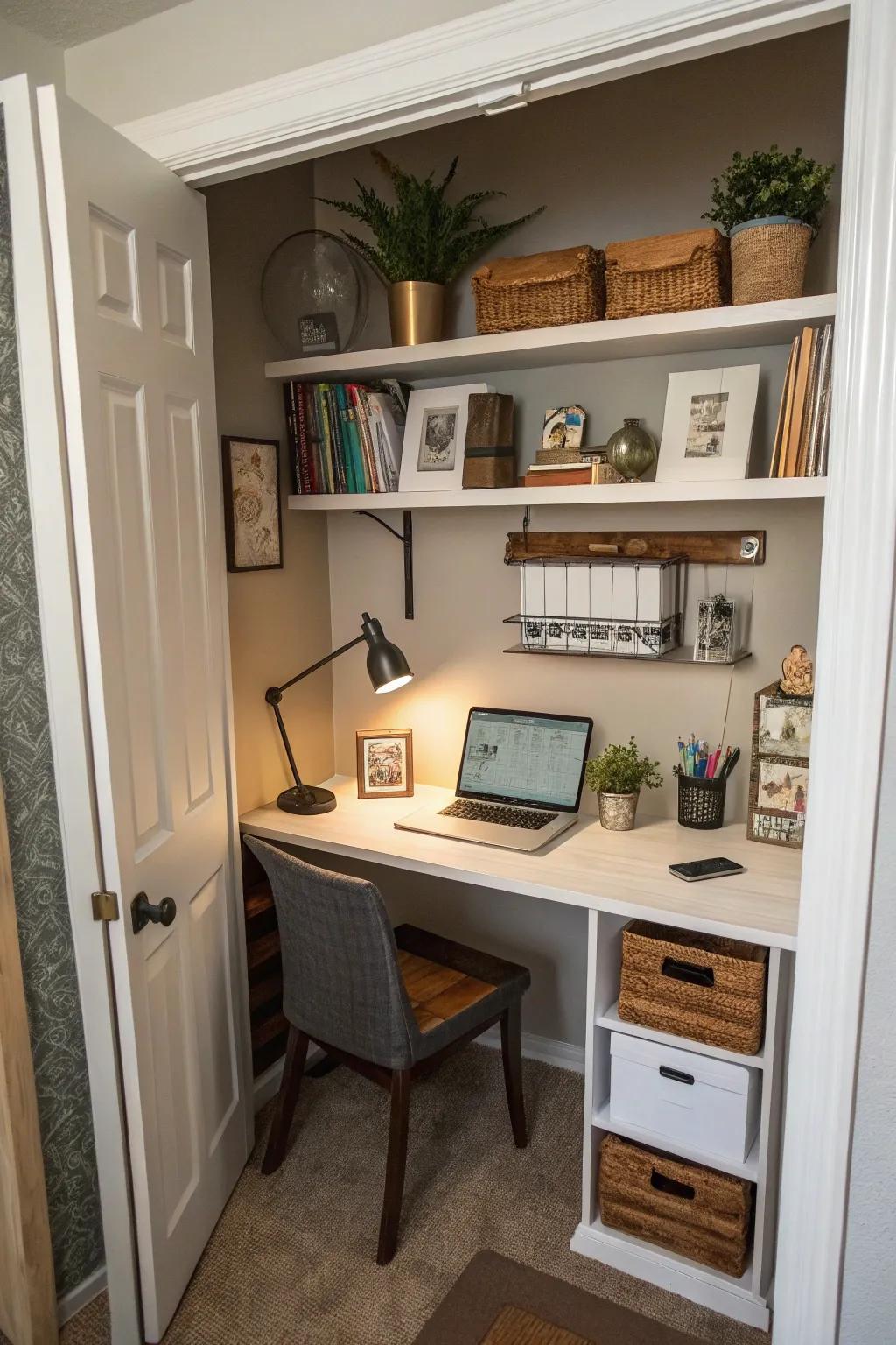 Transform a closet into a compact workspace with efficient storage solutions.