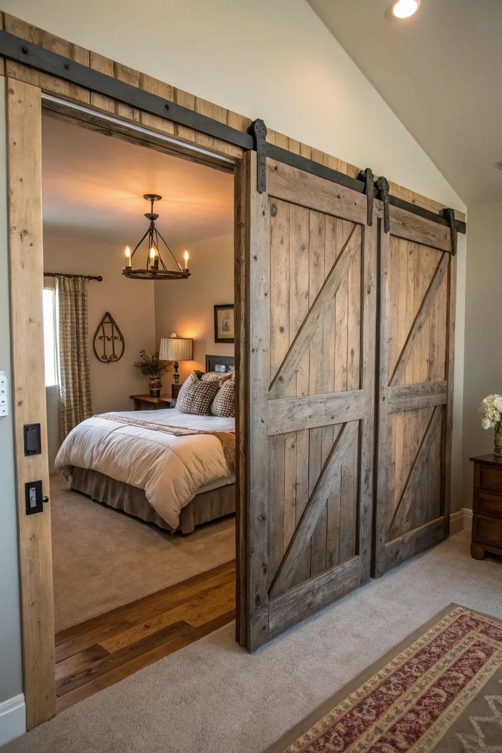 Sliding barn-style doors provide both rustic charm and practical functionality.
