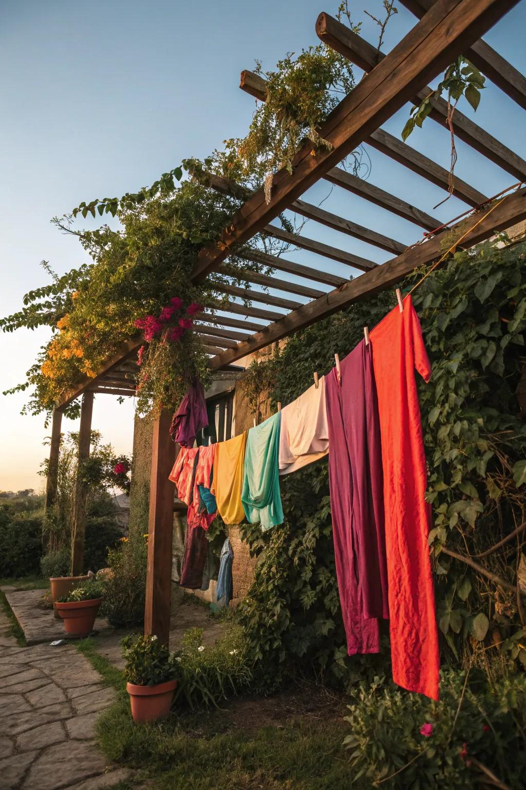 A timber frame clothesline combines practicality with natural aesthetics.