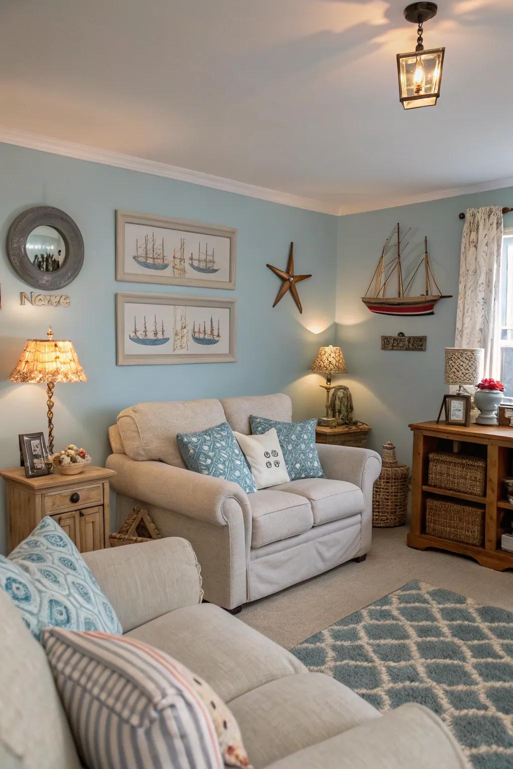 A living space decorated with a relaxing blue color scheme.