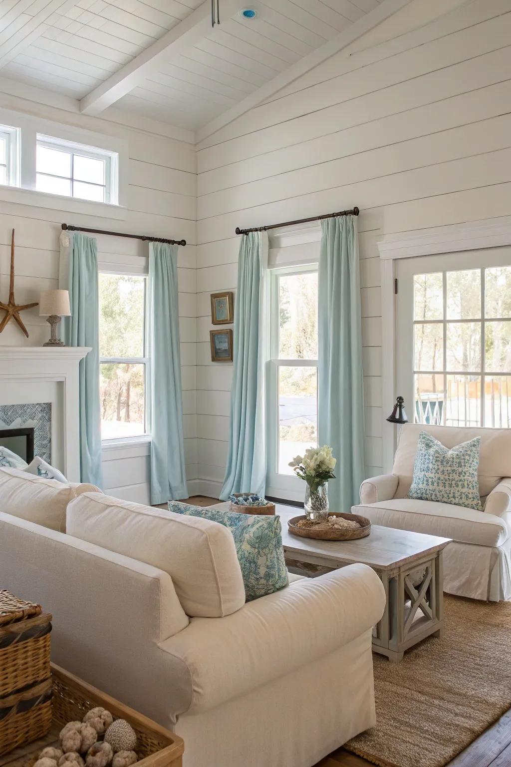 Light-toned hues establish the framework for a serene and welcoming seaside country atmosphere.
