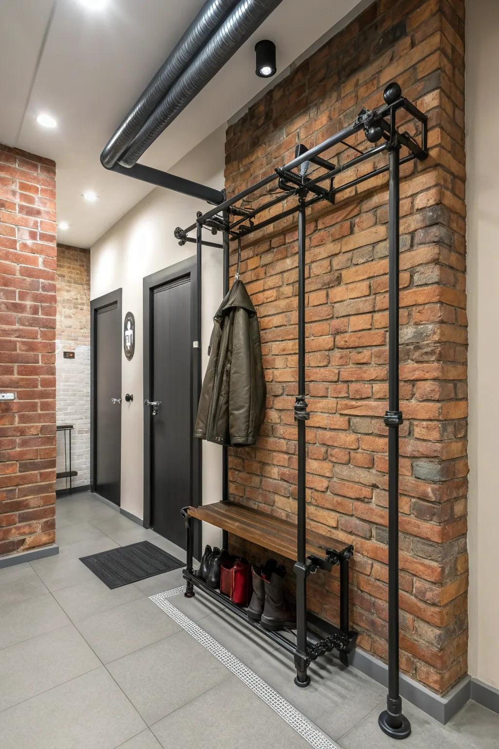 A metal-inspired coat rack fashioned from metal pipes, introducing character to a contemporary entryway.