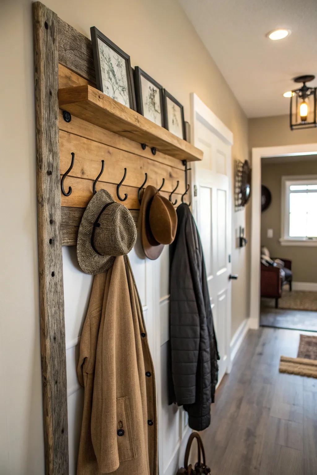 A countryside coat rack sculpted from upcycled barn lumber infuses character and warmth into any entryway.
