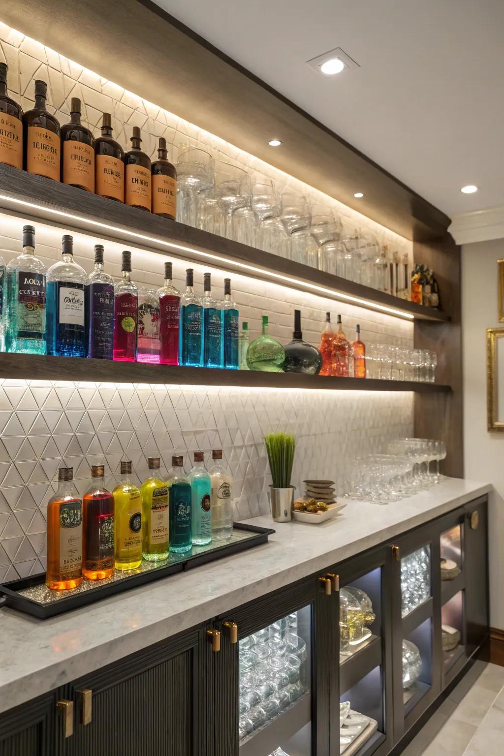 Floating shelves turn wall space into a chic showcase.