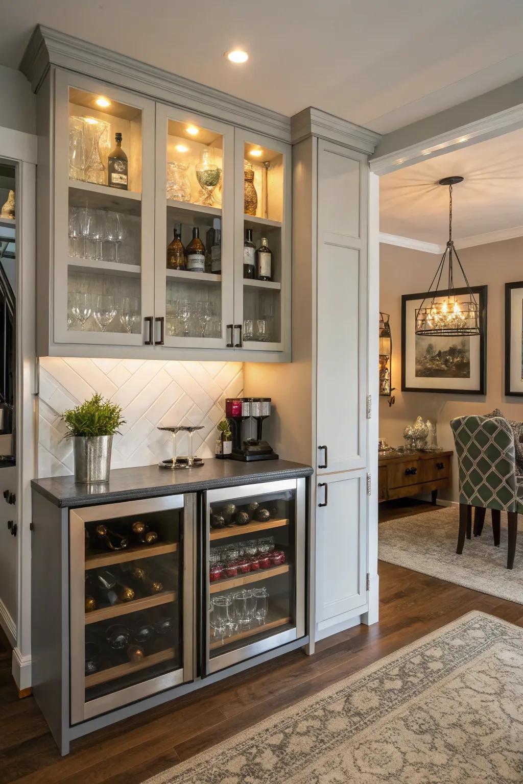 A chic multi-functional cabinet that neatly stores coffee and wine necessities.