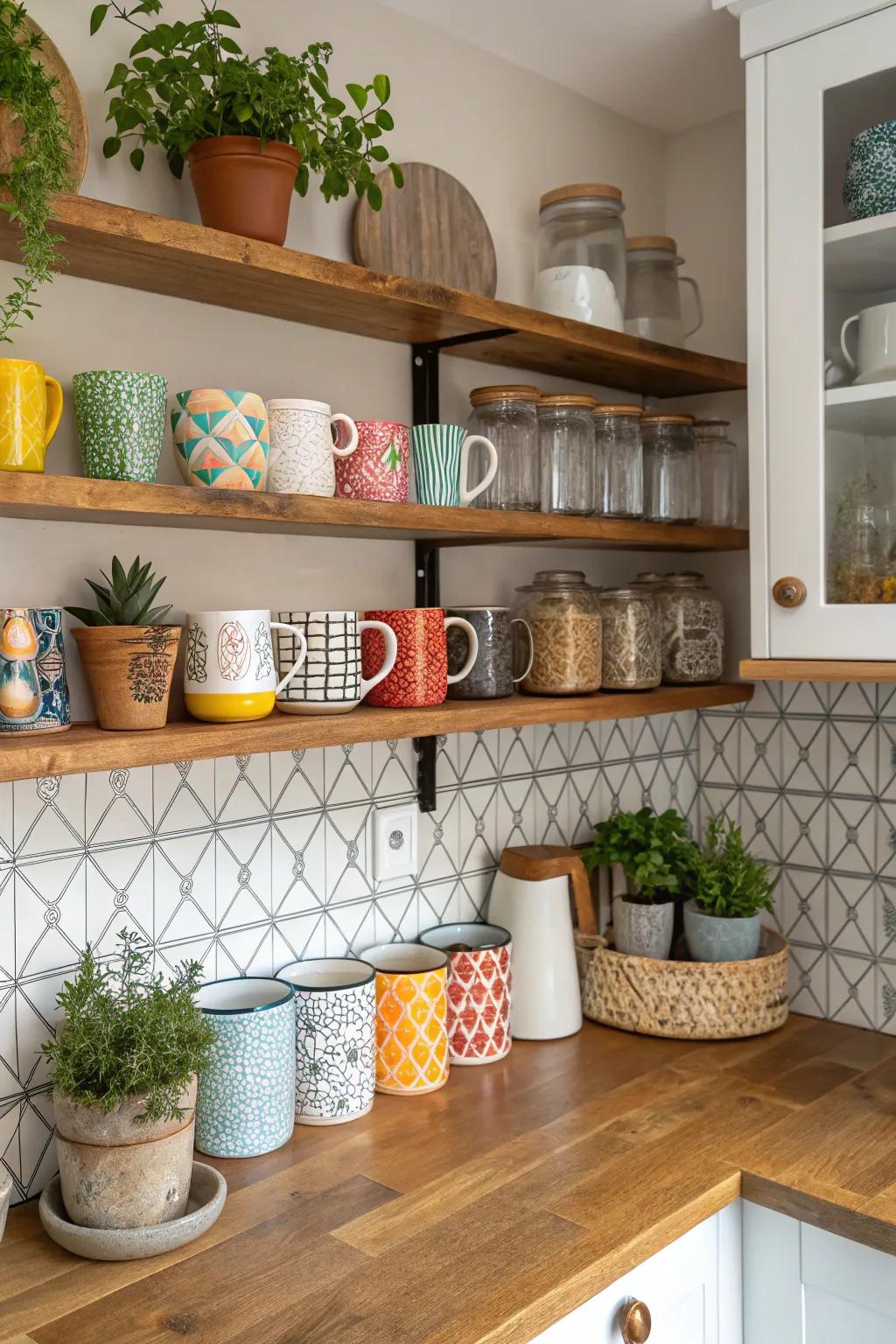 Open shelving showcasing coffee essentials.