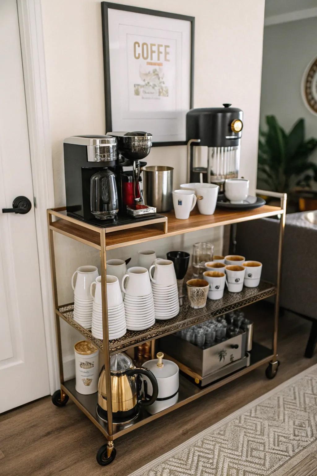Turn your old bar cart into a fun coffee station.