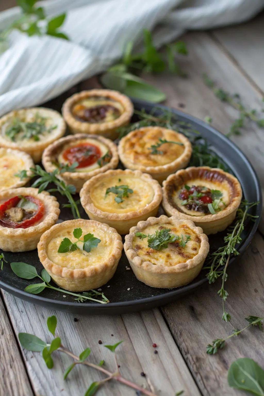An enticing selection of small quiches, ideal for any coffee get-together.