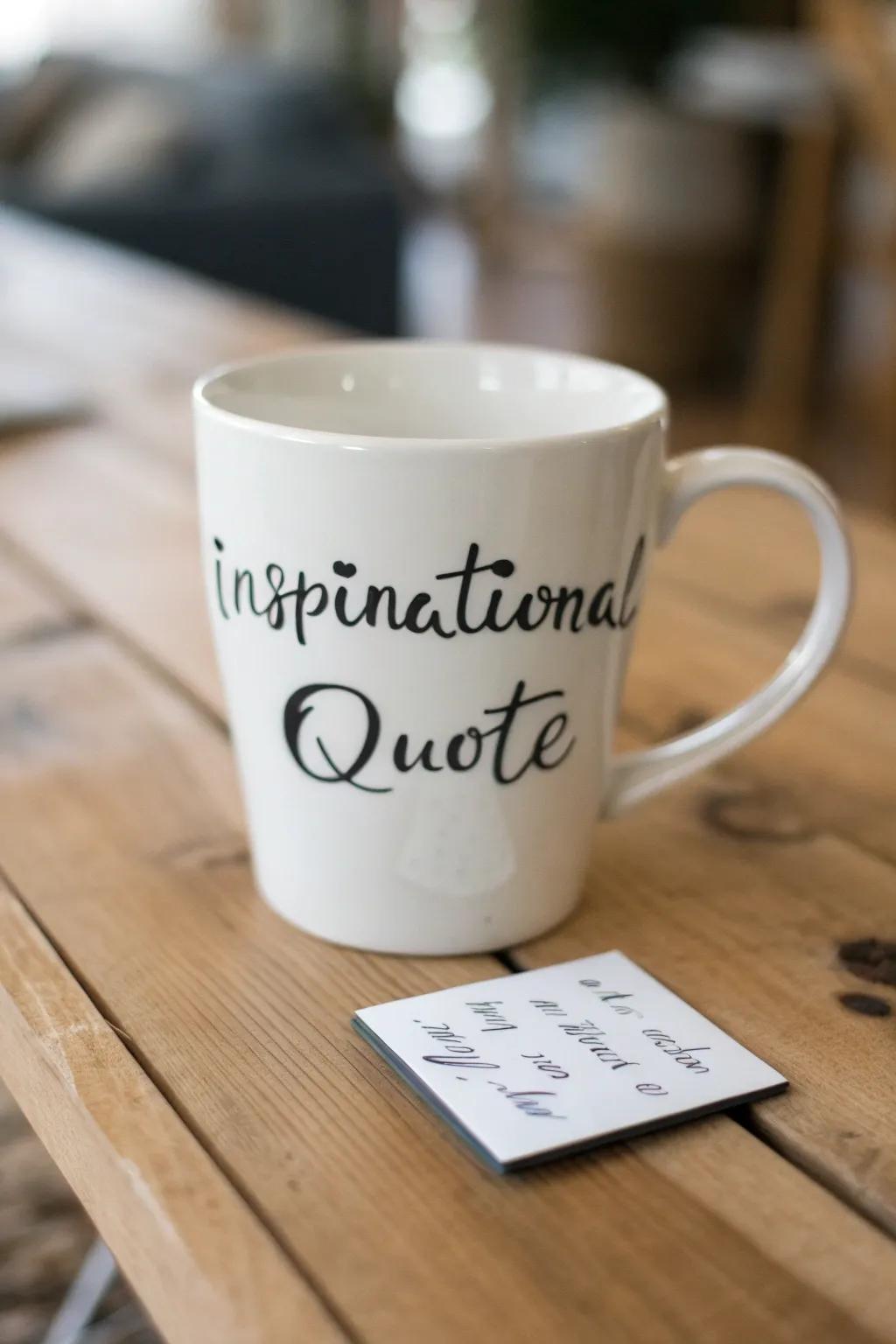 A white cup with an inspiring quote to brighten your mornings.