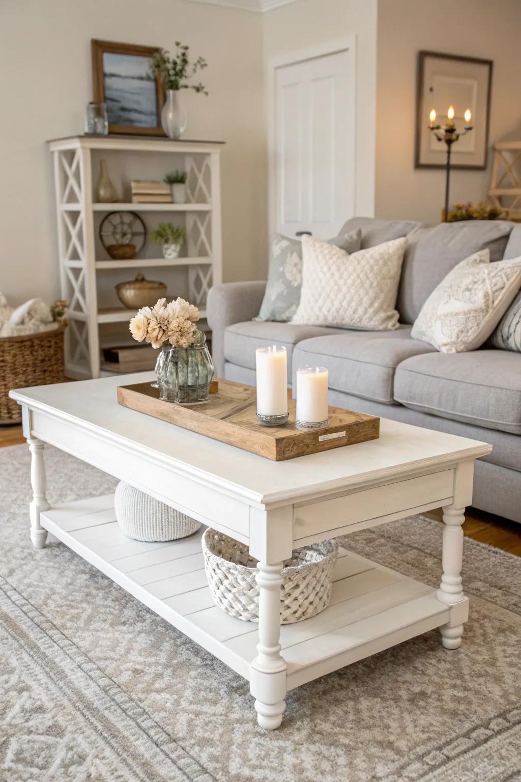 A snowy white coffee table introduces light and sophistication to any area.