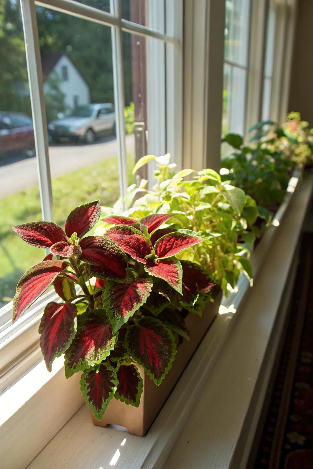 A bold mix of red and green coleus creates a striking window box display.