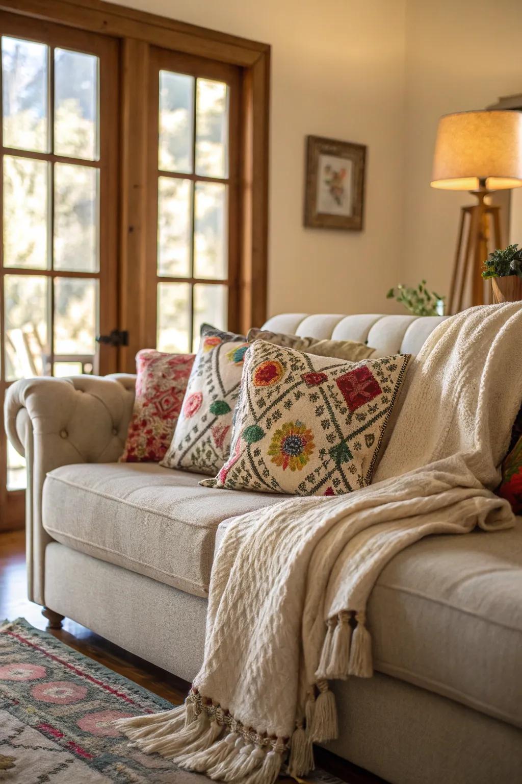 A relaxing lounge area featuring a stylish couch, vibrant pillows, and a soft throw.