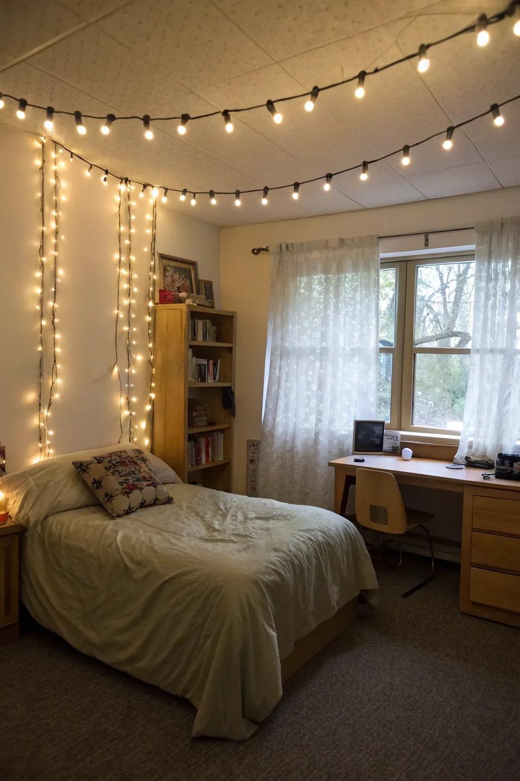 Brighten up your dorm with a simple strand of fairy lights.