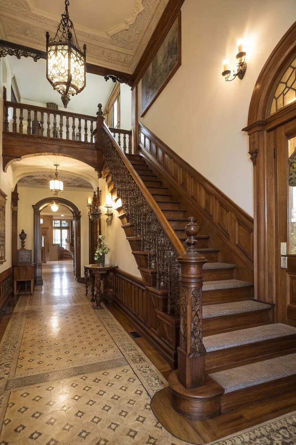 A colonial entryway featuring a grand wood staircase with elegant banisters.