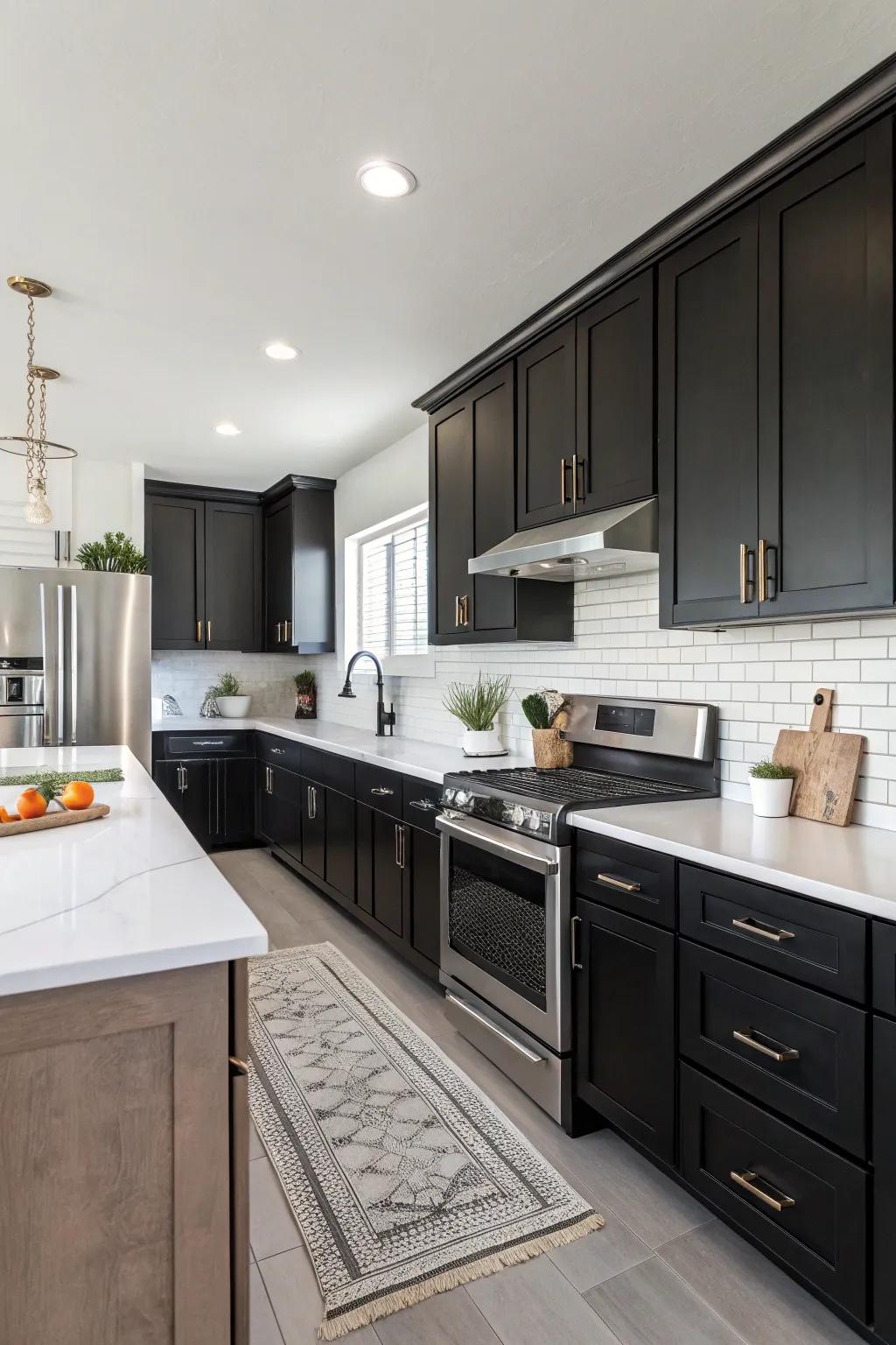 A modern kitchen showcases dark cabinets beautifully contrasted with crisp white walls and counters.