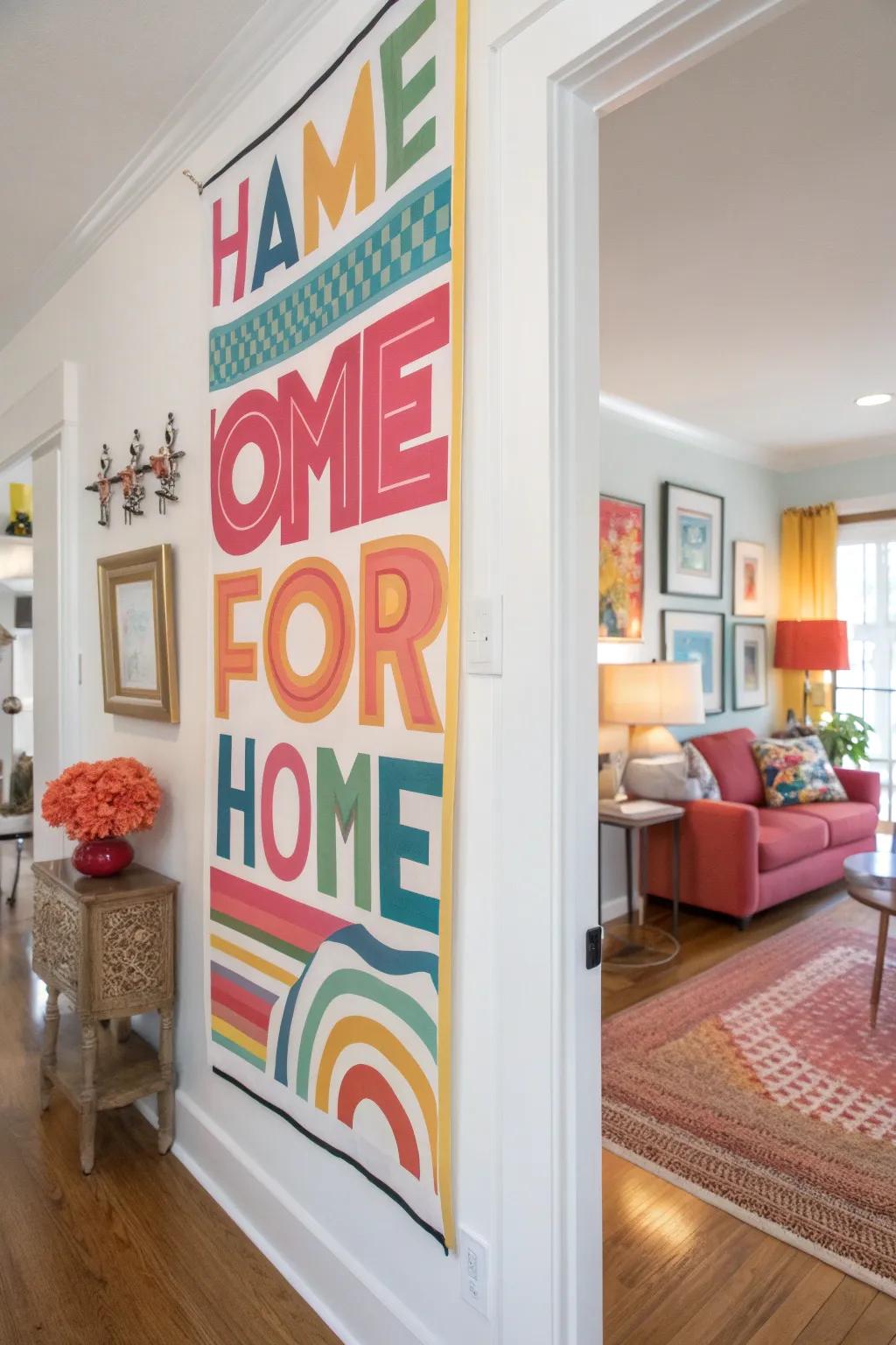 Typography-focused poster creating a visual impact on a brightly painted wall.