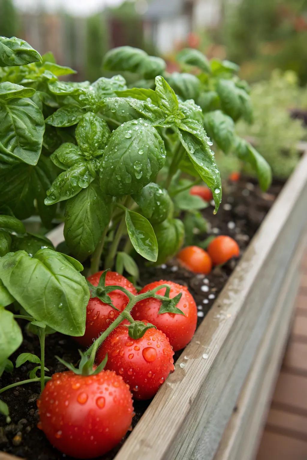 Scarlet orbs and sweet herbs flourish harmoniously together, a superb match for any garden.