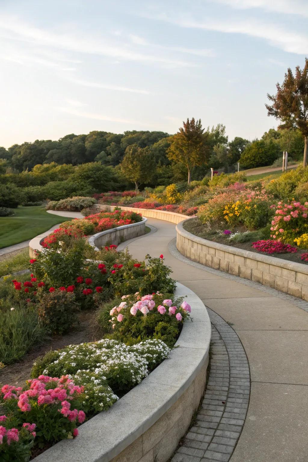 Curved concrete edges create a smooth transition in the landscape.