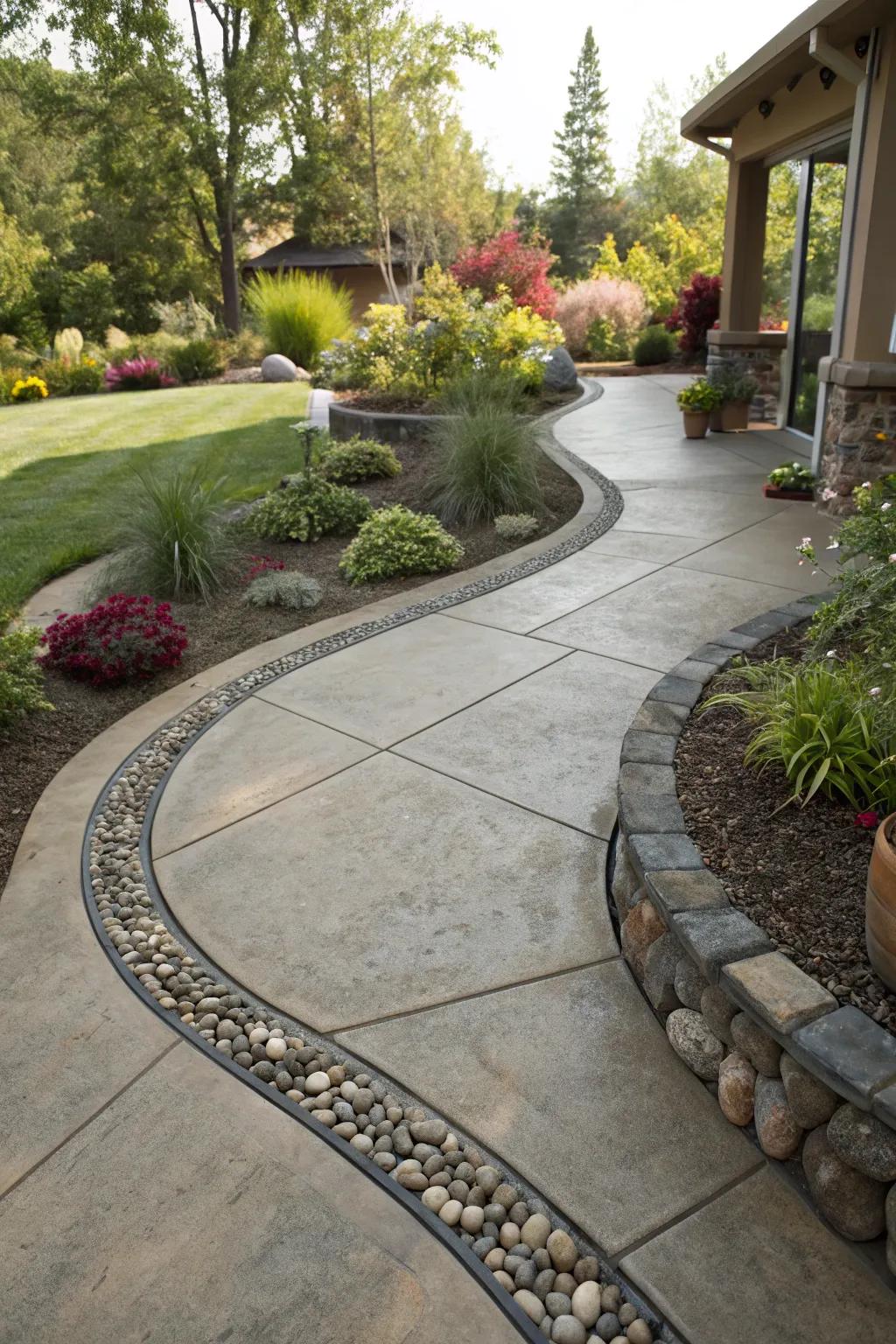 Curved stone borders add fluidity and elegance to a concrete patio.