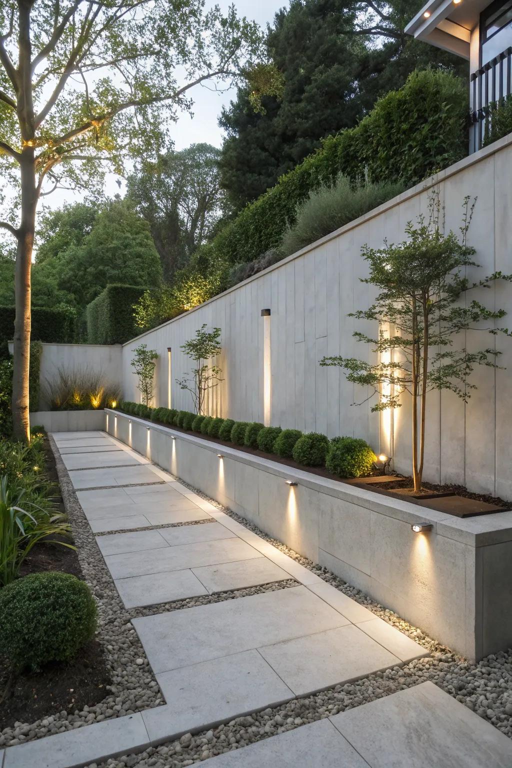 Sleek concrete structures present a contemporary minimalist appeal.