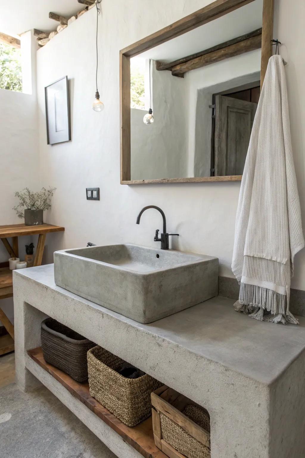 Sleek concrete basin in a minimalist bathroom.
