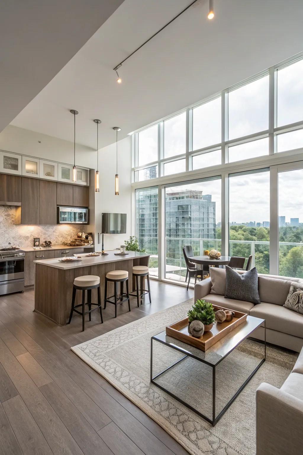 A condo with an open concept design featuring a combined kitchen, dining area, and living space.