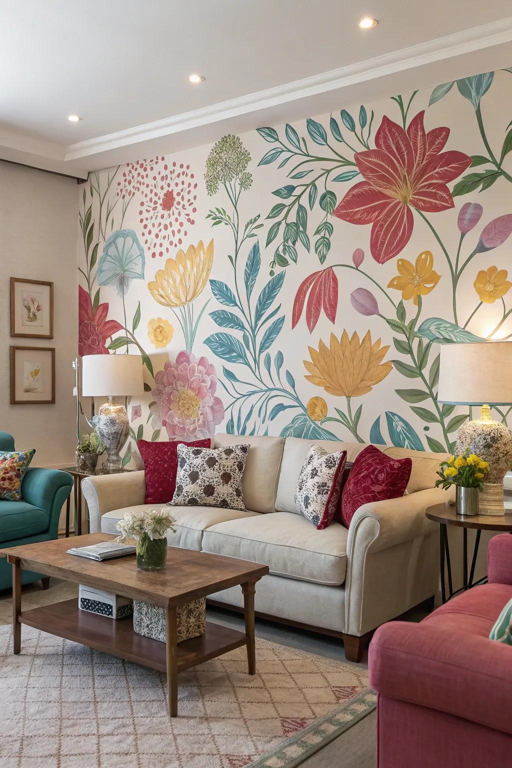 A floral content wall transforming the space into an indoor garden oasis