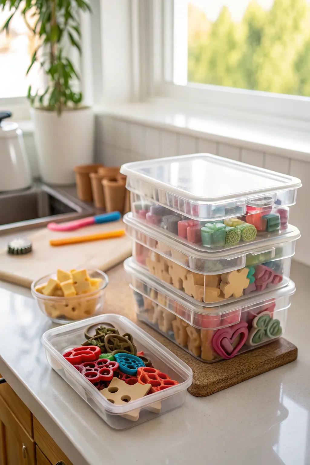 Clear tiered containers with cookie embossers for easy access.