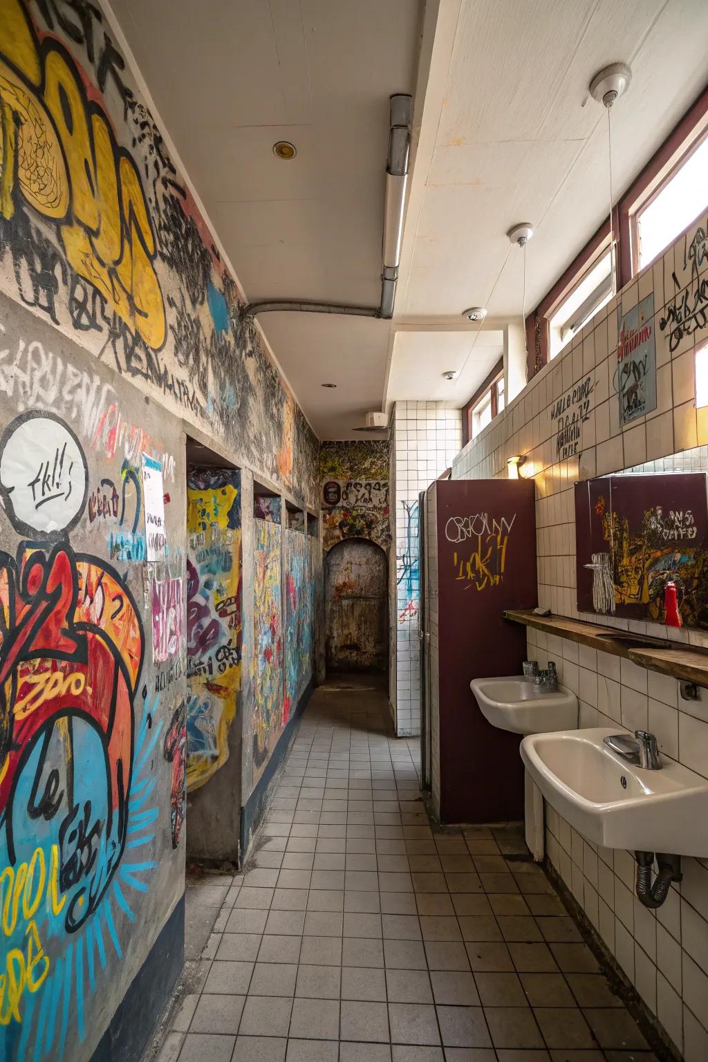 Bring an edgy, urban vibe to your bathroom with graffiti and street art.