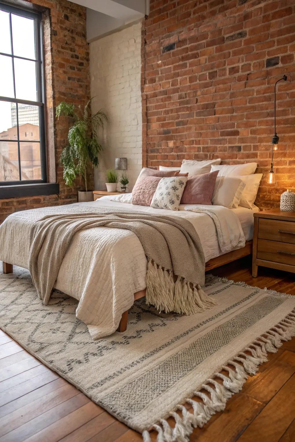 Combining materials crafts an inviting and snug bedroom setting.