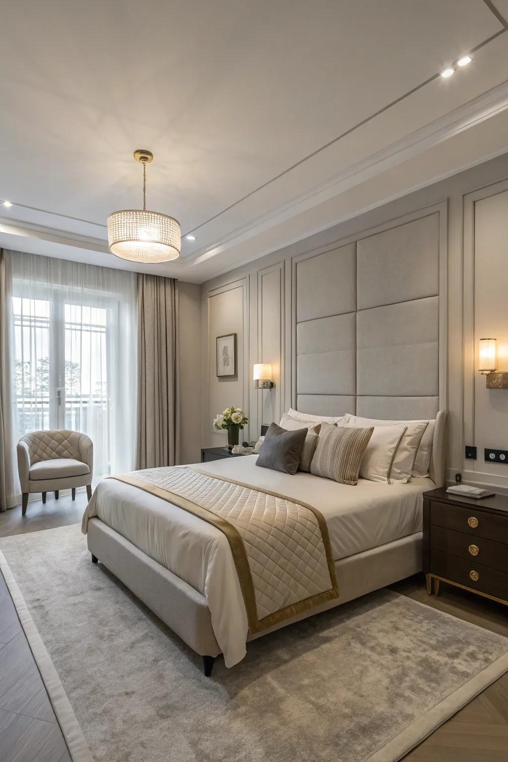 A modern aesthetic results in a peaceful and comforting bedroom atmosphere.