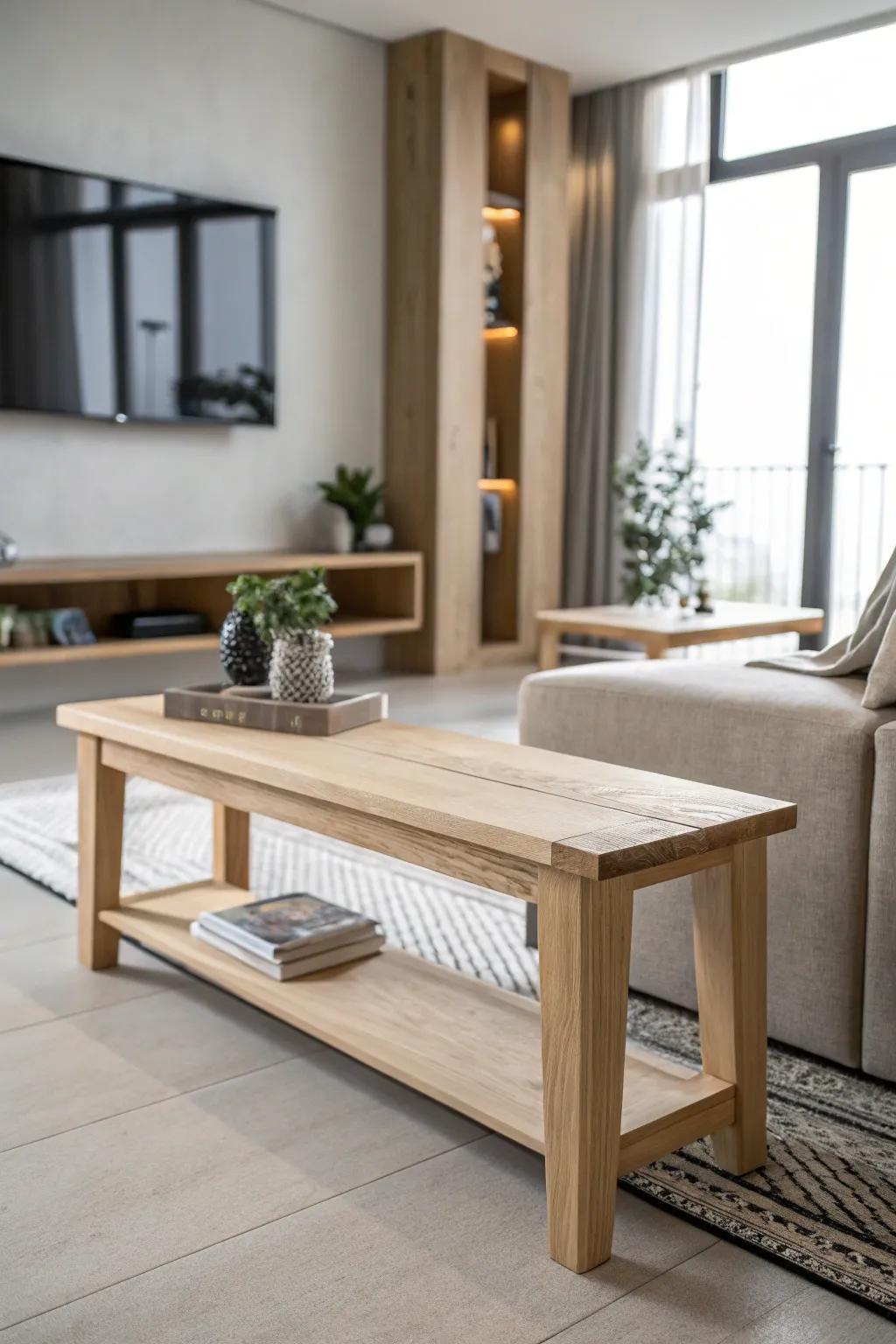 A streamlined, minimalist wooden bench that enhances a modern living area.