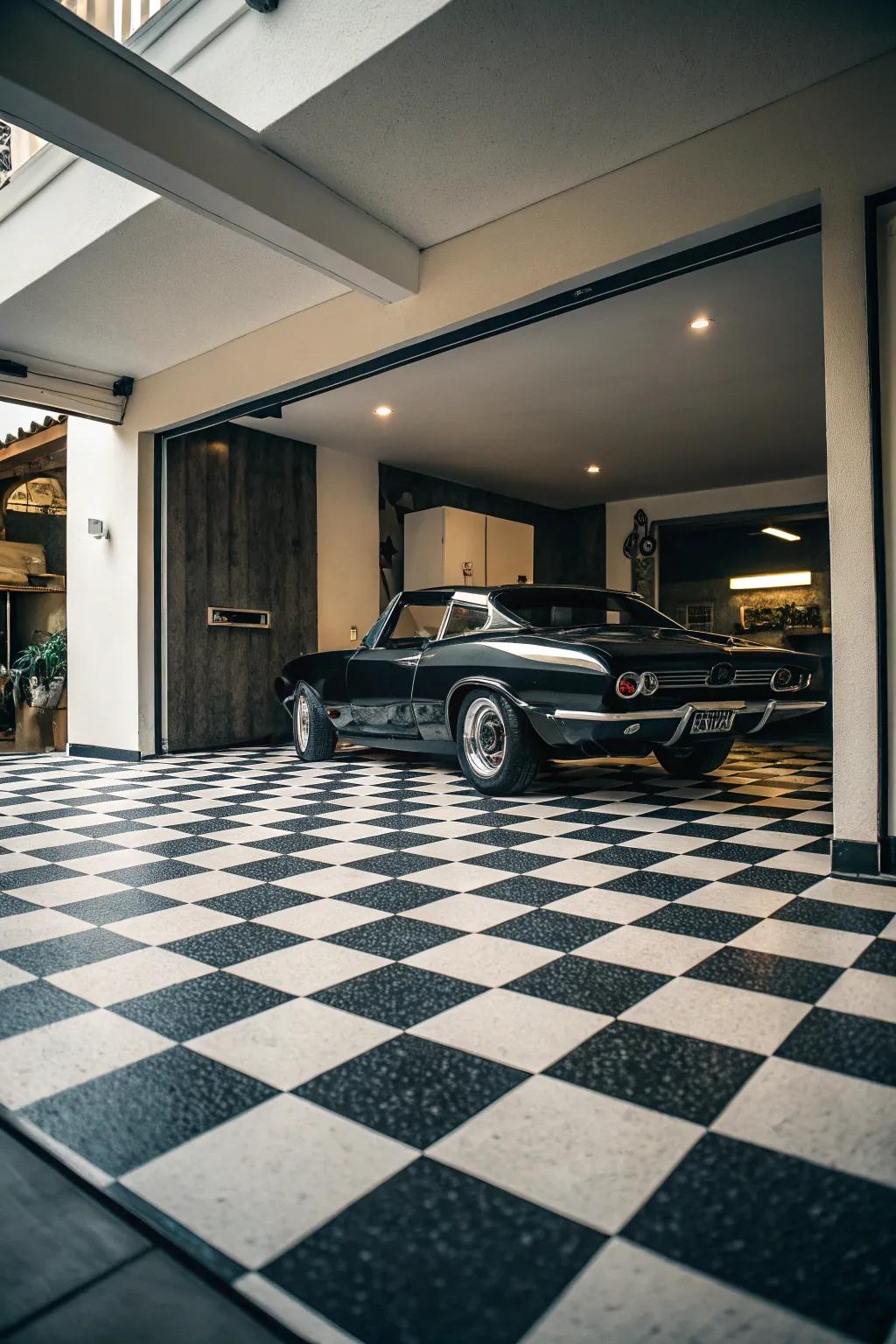 The classic black and white checkerboard pattern provides enduring sophistication.