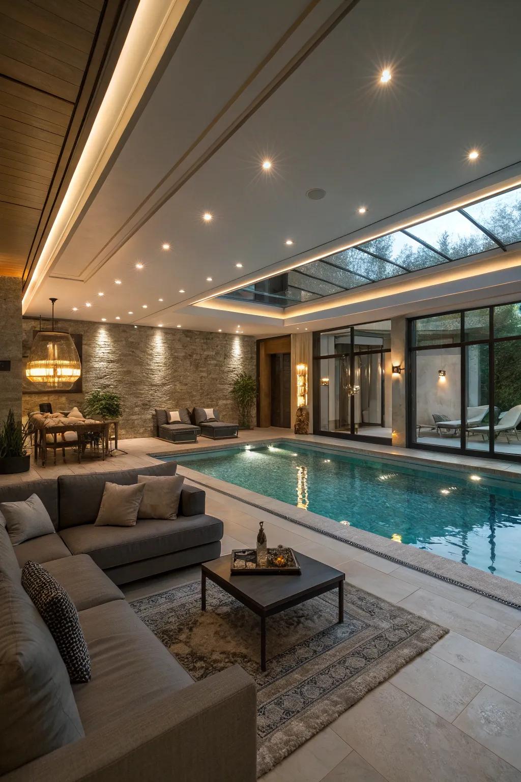 A serene indoor pool sanctuary designed for ultimate relaxation.