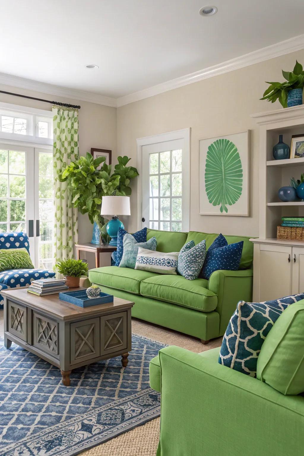 A lively living room displaying a combination of strong and soft colors for an animated setting.