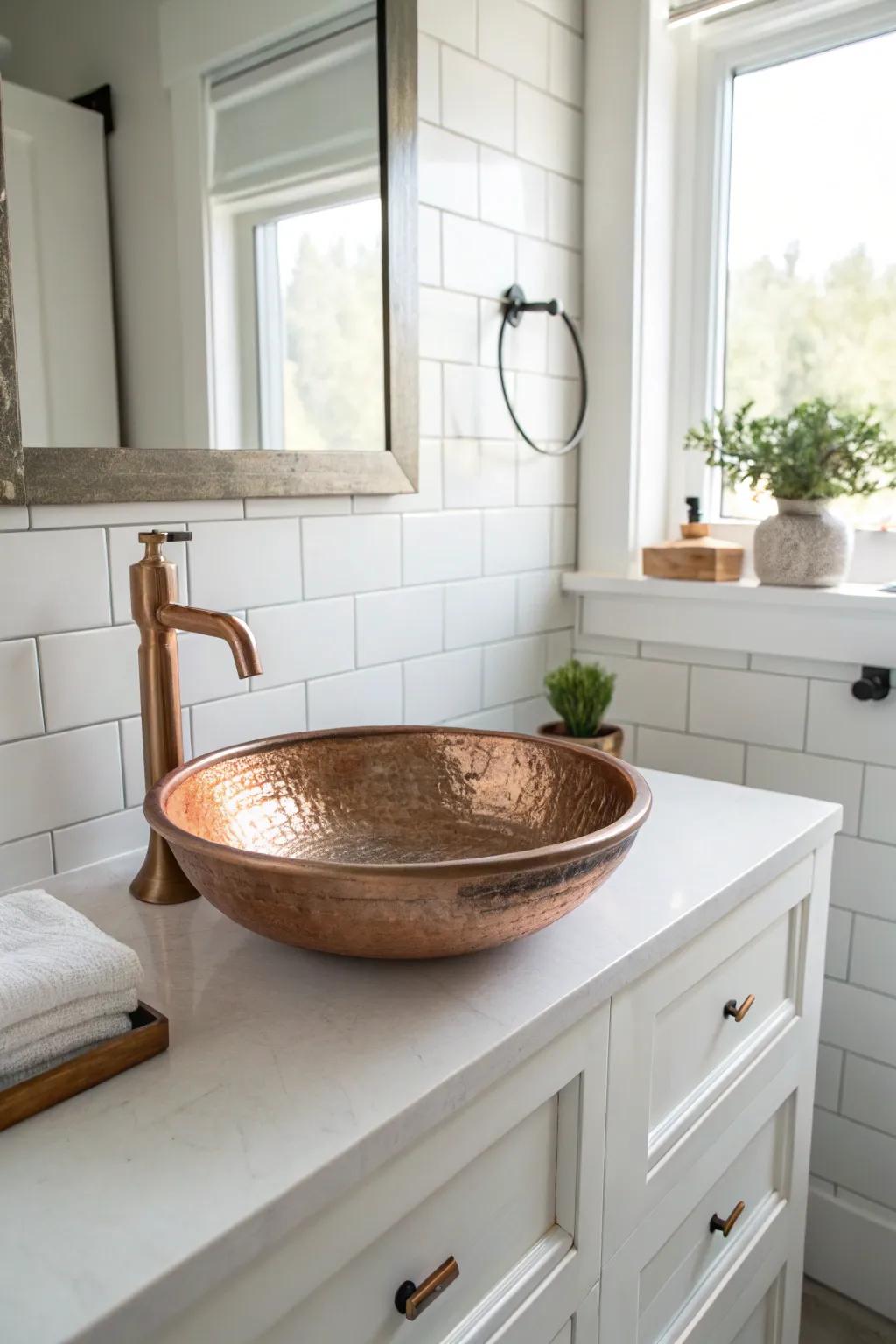 In this bright, airy bathroom, a copper bowl sink serves as a captivating piece of art.
