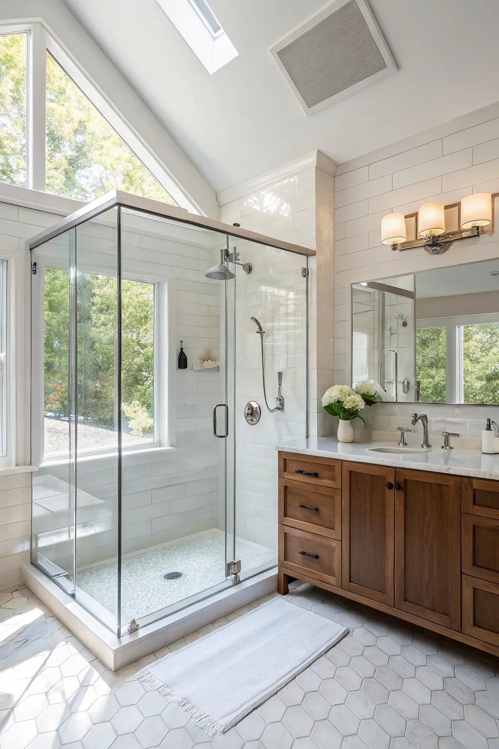 A corner shower with a glass enclosure maximizes space and light.