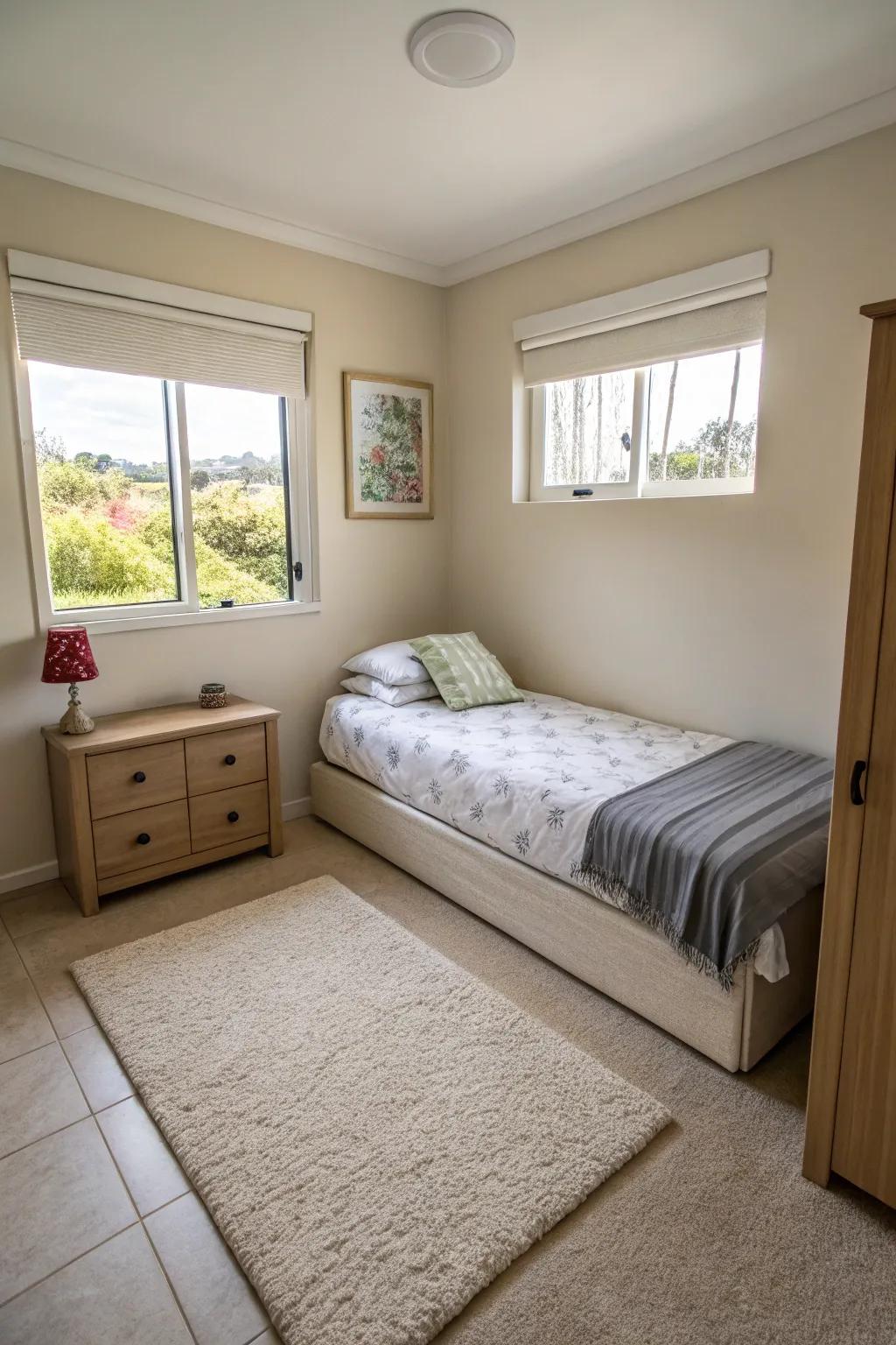 Positioning your bed in the corner frees up floor space, creating a more open feel.