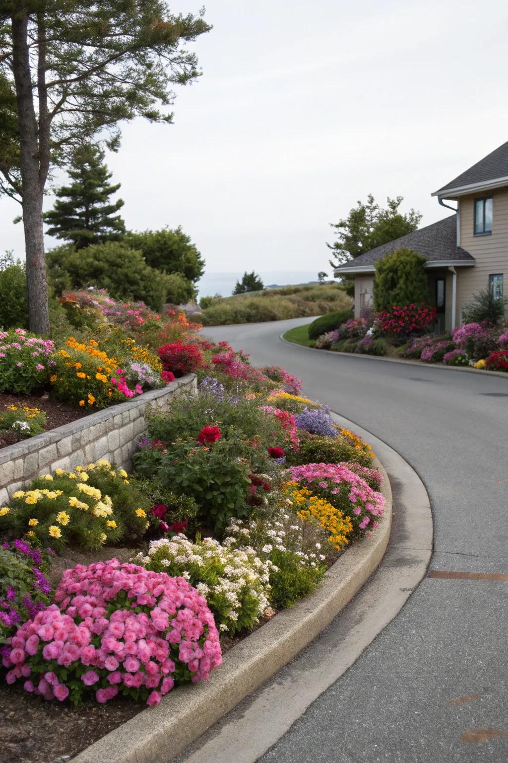 Vibrant, colorful flower beds, bringing a delightful charm to a driveway's edge.