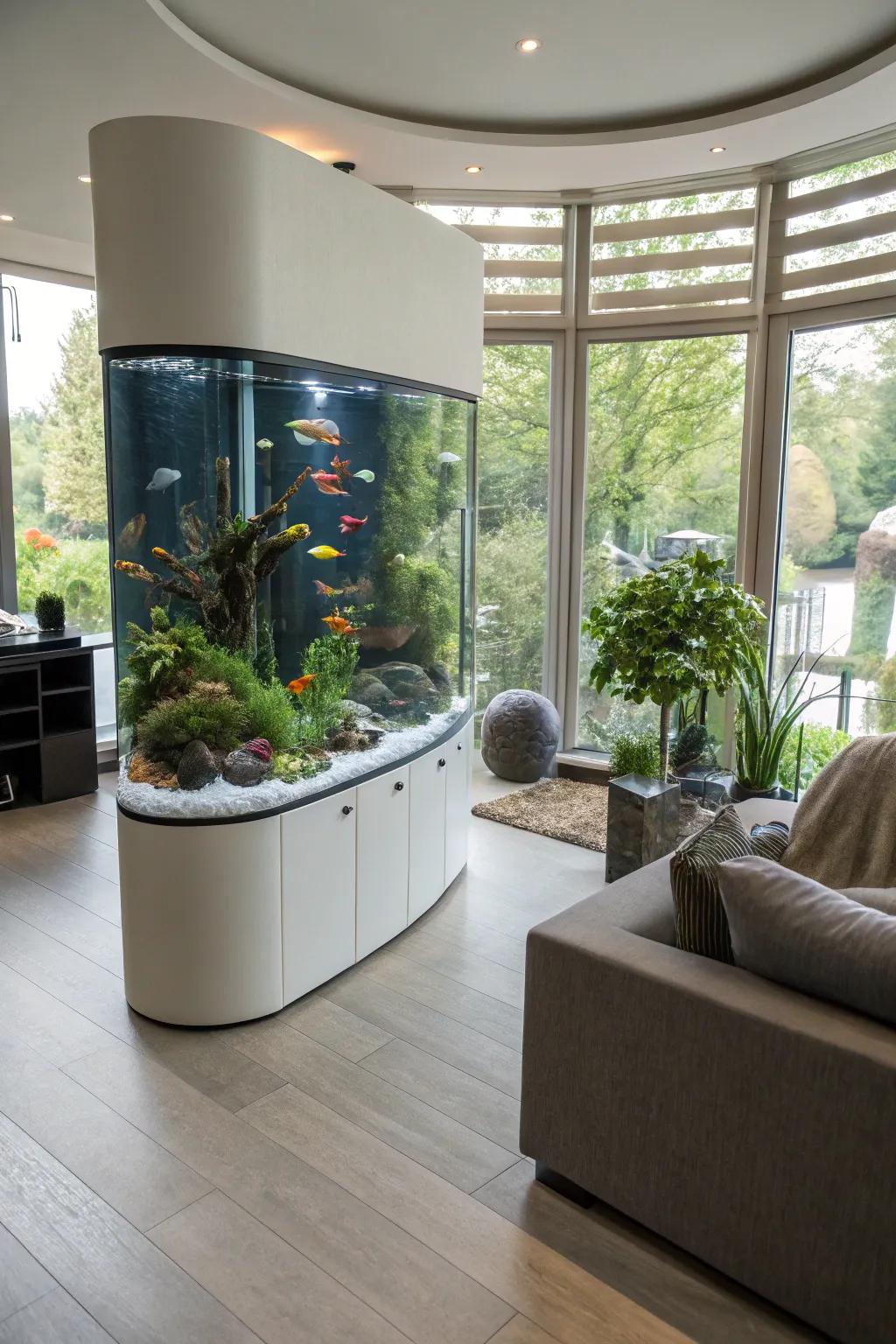 Curved glass fish haven providing an unrestricted aquatic view.