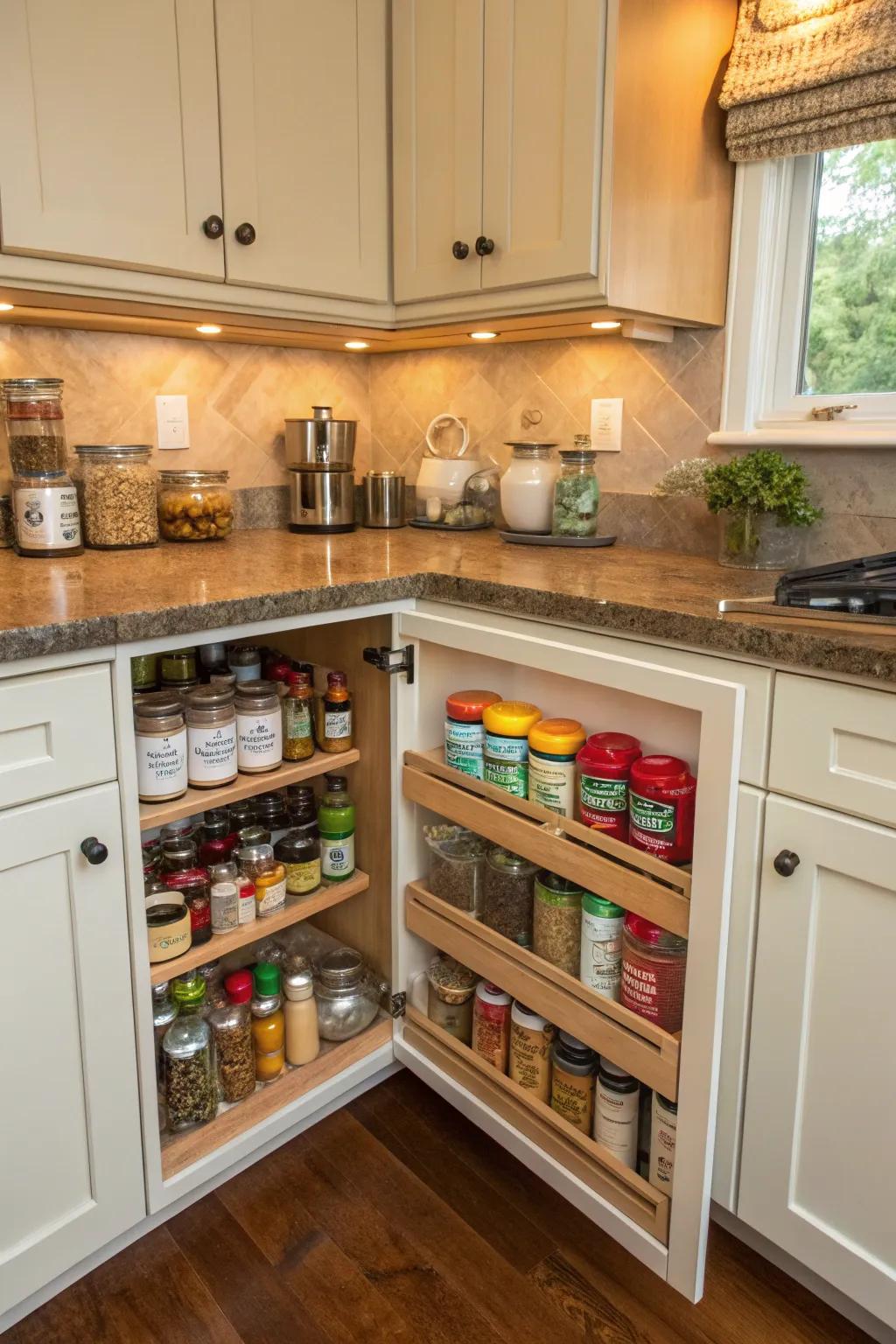 A spin shelf cabinet makes grabbing spices and smaller items incredibly easy.
