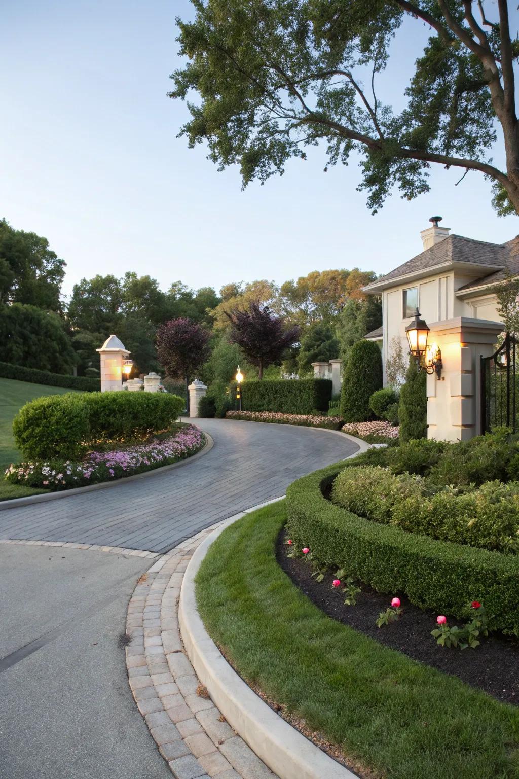 An elegant, curved driveway elevating the charm of a corner property.
